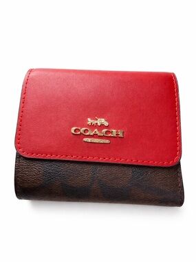 Coach Red Leather Flap Brown Signature Card Holder